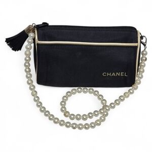 Chanel Black and Gold Beauty  Bag with Pearl Strap
